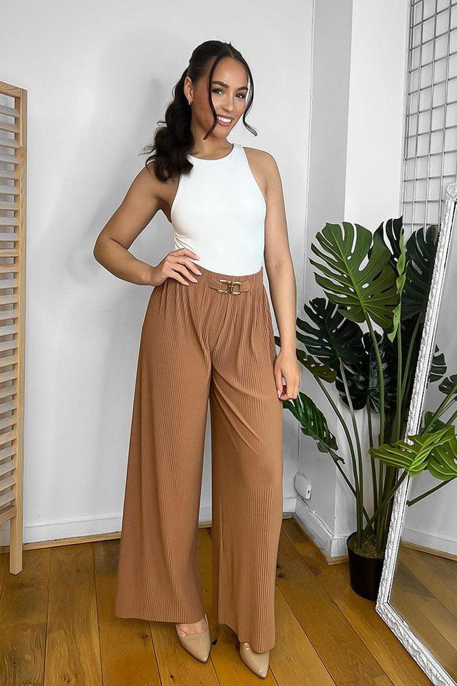 Gold Buckle Elastic Waist Plisse Trousers-SinglePrice
