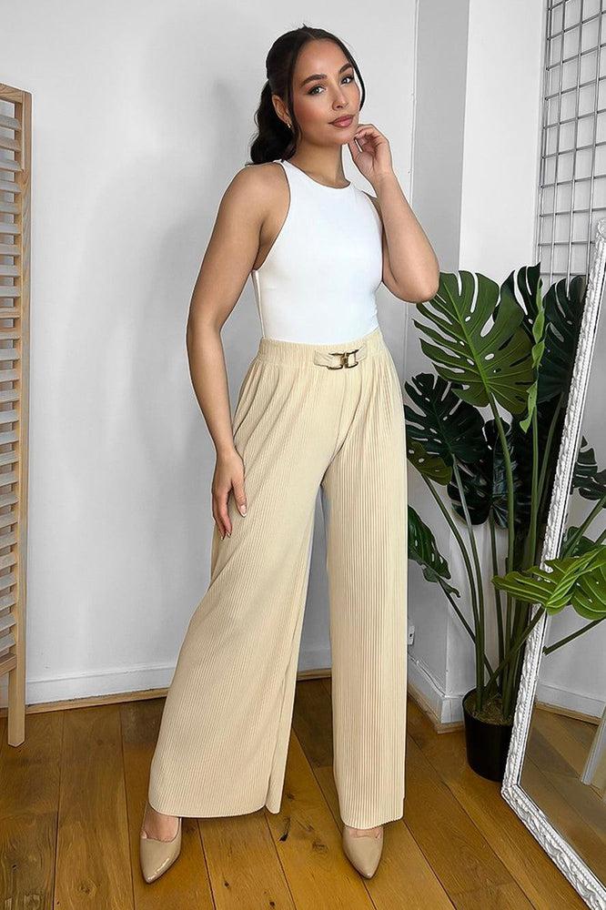 Gold Buckle Elastic Waist Plisse Trousers-SinglePrice