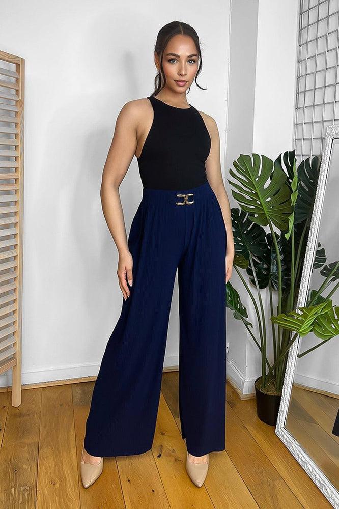Gold Buckle Elastic Waist Plisse Trousers-SinglePrice