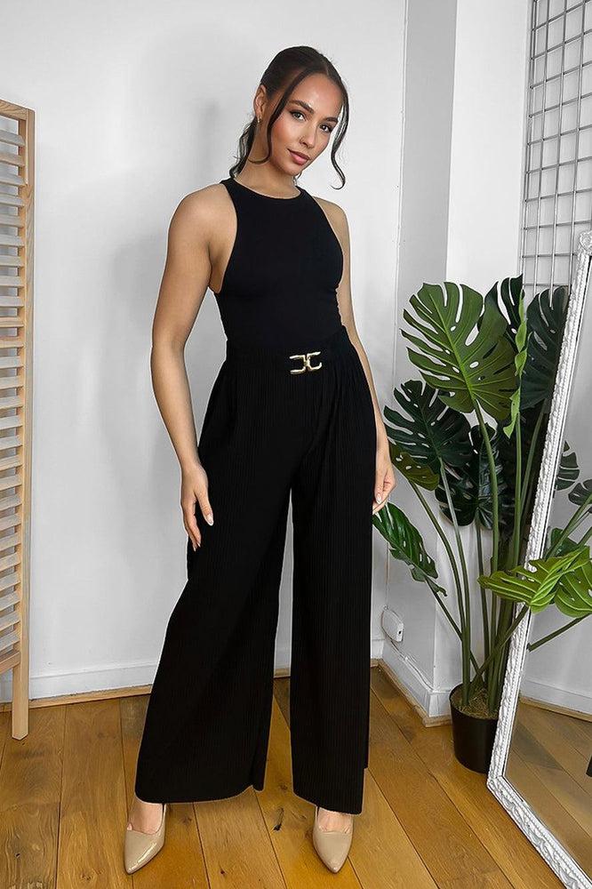 Gold Buckle Elastic Waist Plisse Trousers-SinglePrice