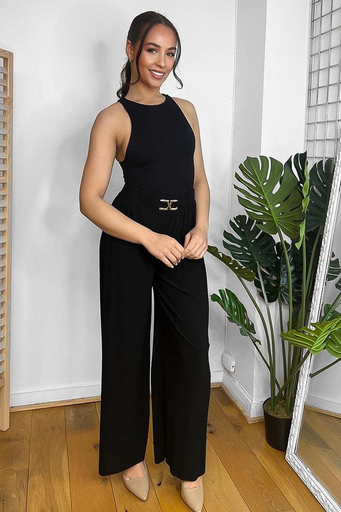 Gold Buckle Elastic Waist Plisse Trousers-SinglePrice
