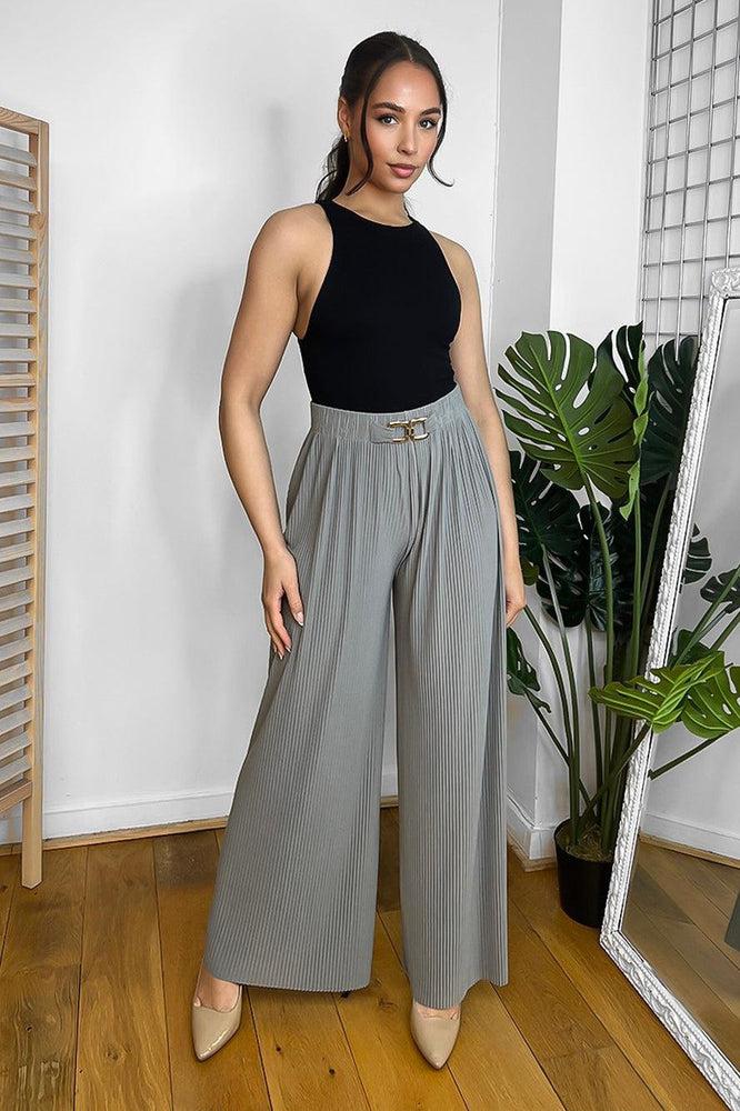 Gold Buckle Elastic Waist Plisse Trousers-SinglePrice