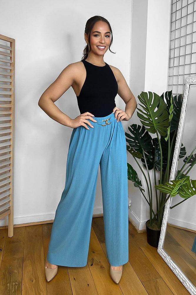 Gold Buckle Elastic Waist Plisse Trousers-SinglePrice
