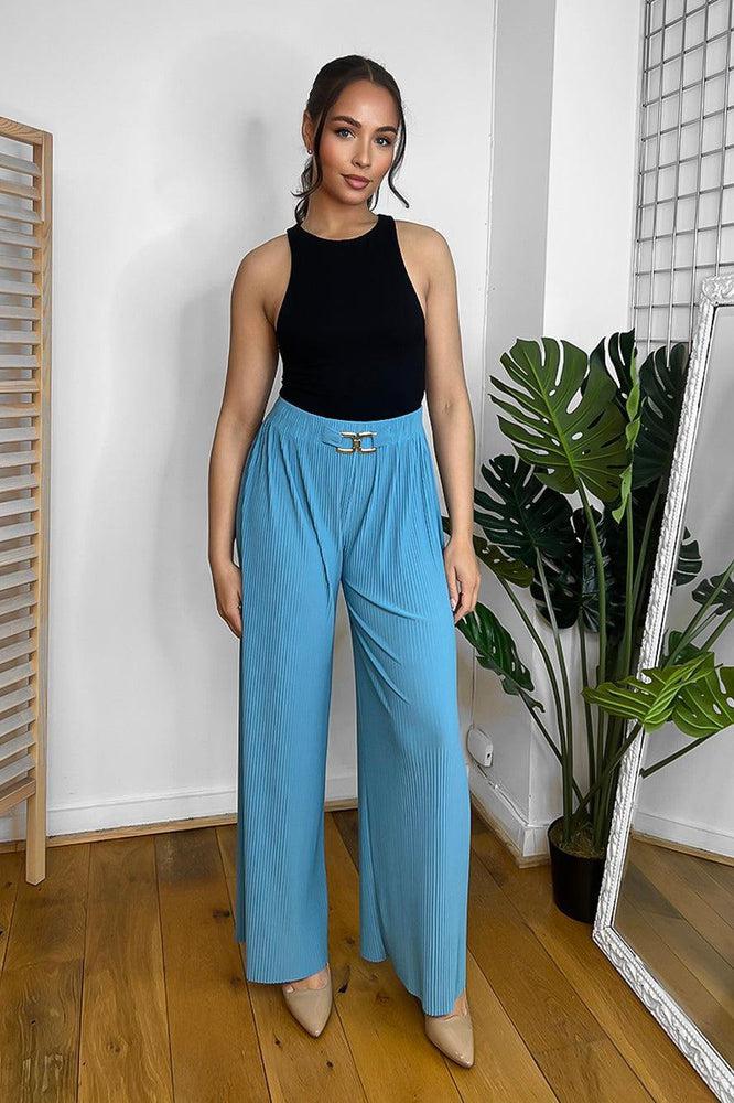 Gold Buckle Elastic Waist Plisse Trousers-SinglePrice