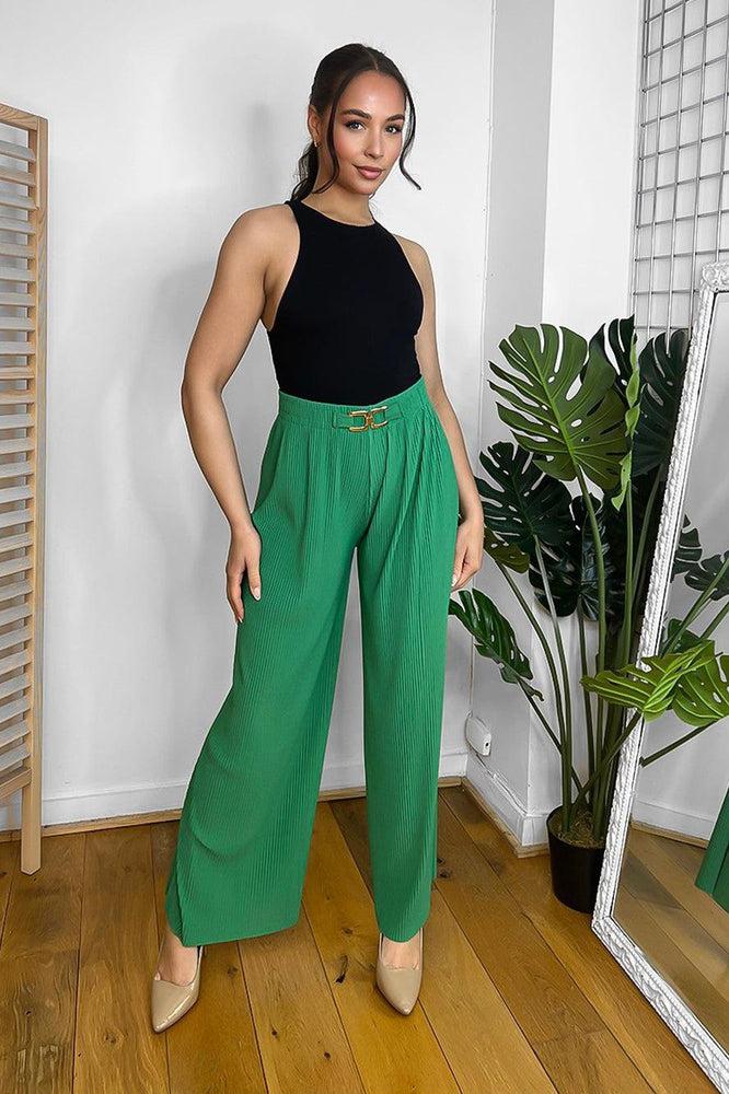 Gold Buckle Elastic Waist Plisse Trousers-SinglePrice