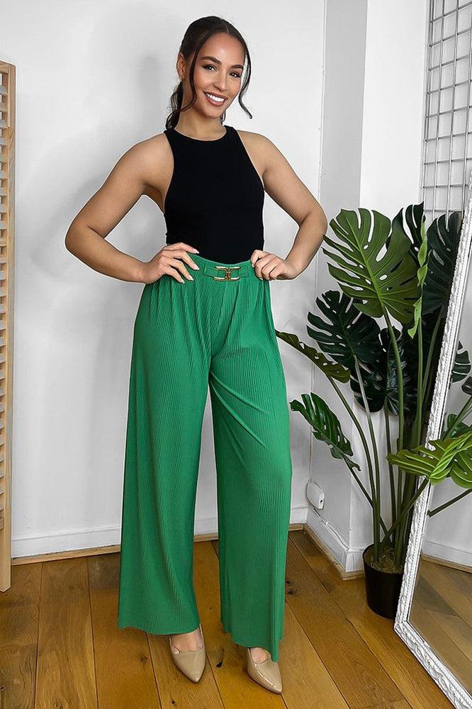 Gold Buckle Elastic Waist Plisse Trousers-SinglePrice