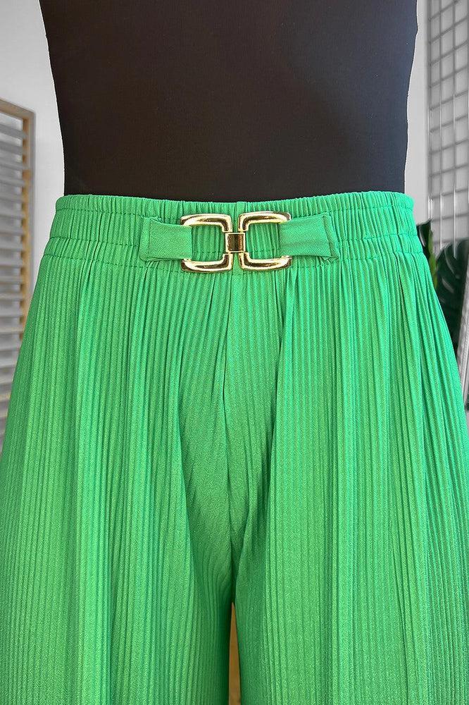 Gold Buckle Elastic Waist Plisse Trousers-SinglePrice