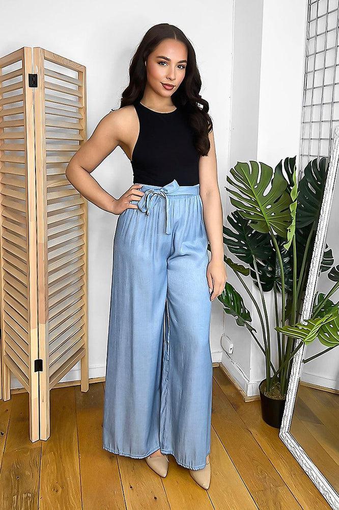 Belted Waist Denim Print Thin Summer Trousers-SinglePrice