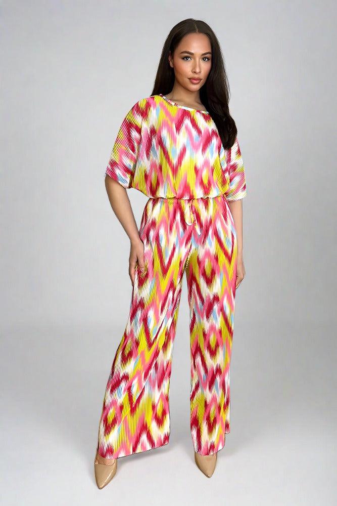 Multicolour Zig Zag Pattern Plisse Top And Trousers Set-SinglePrice