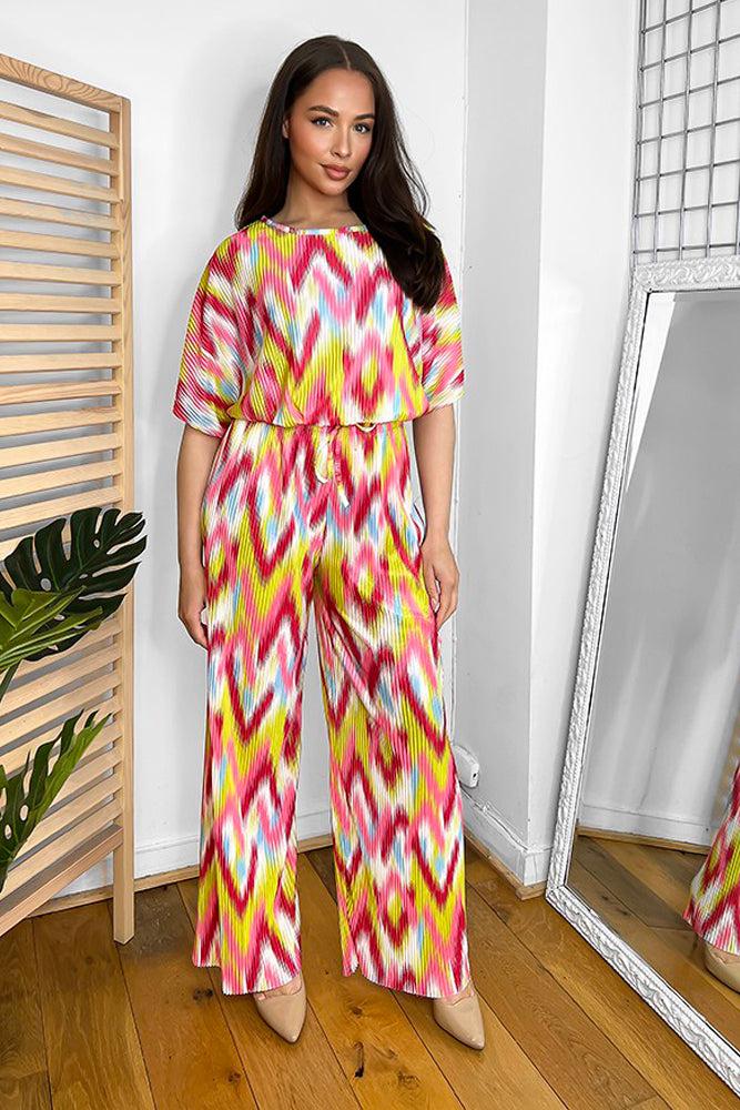 Multicolour Zig Zag Pattern Plisse Top And Trousers Set-SinglePrice