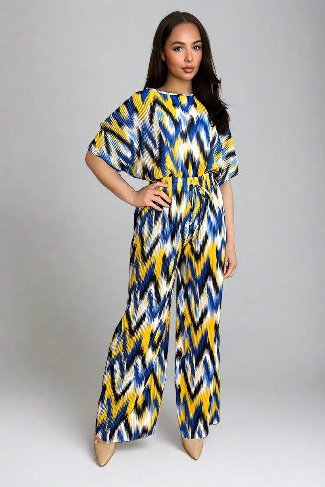 Multicolour Zig Zag Pattern Plisse Top And Trousers Set-SinglePrice