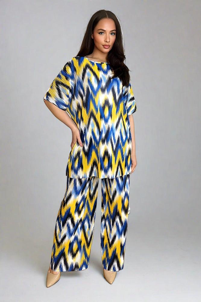 Multicolour Zig Zag Pattern Plisse Top And Trousers Set-SinglePrice