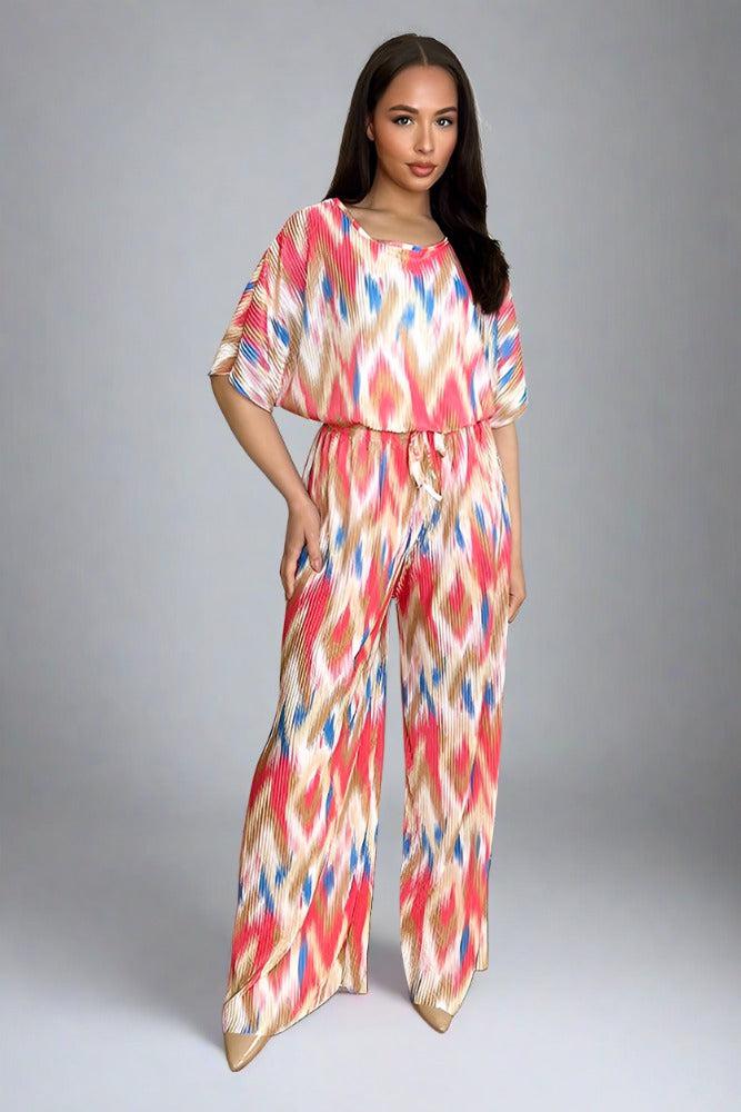 Multicolour Zig Zag Pattern Plisse Top And Trousers Set-SinglePrice