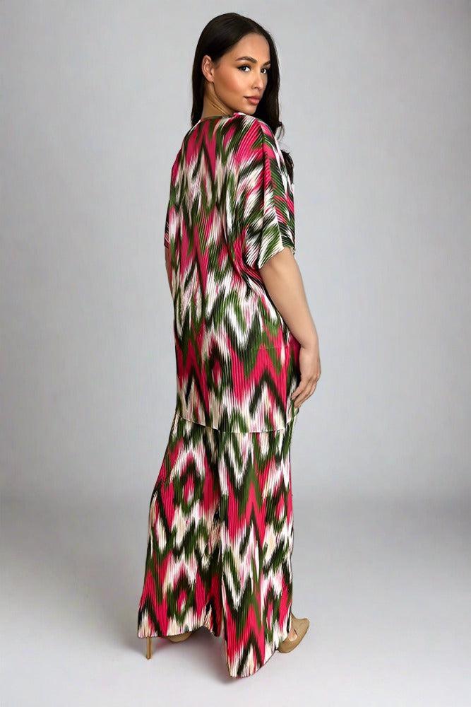 Multicolour Zig Zag Pattern Plisse Top And Trousers Set-SinglePrice
