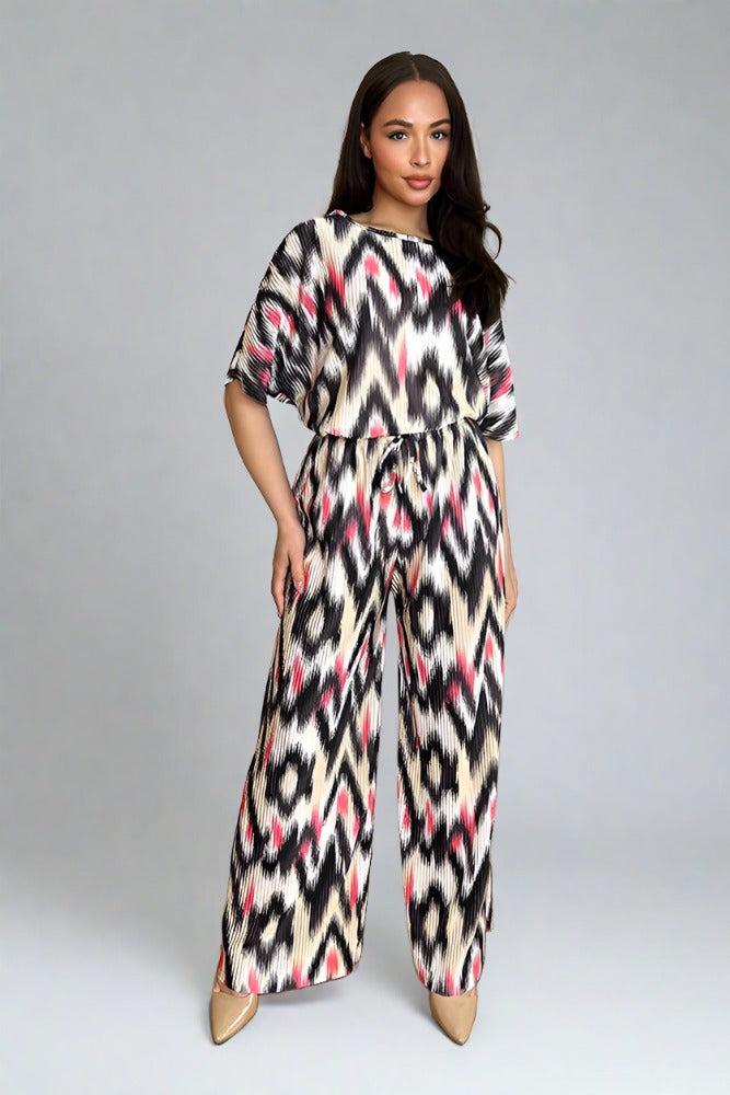 Multicolour Zig Zag Pattern Plisse Top And Trousers Set-SinglePrice