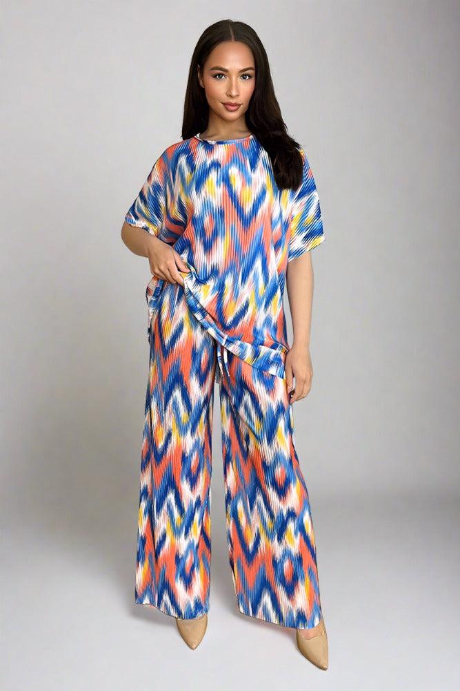 Multicolour Zig Zag Pattern Plisse Top And Trousers Set-SinglePrice