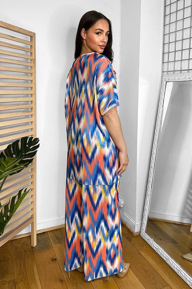 Multicolour Zig Zag Pattern Plisse Top And Trousers Set-SinglePrice