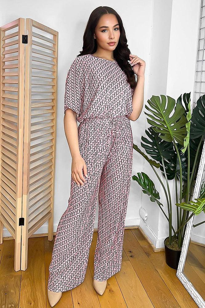 All Over Logo Print Plisse Top And Trousers Set-SinglePrice