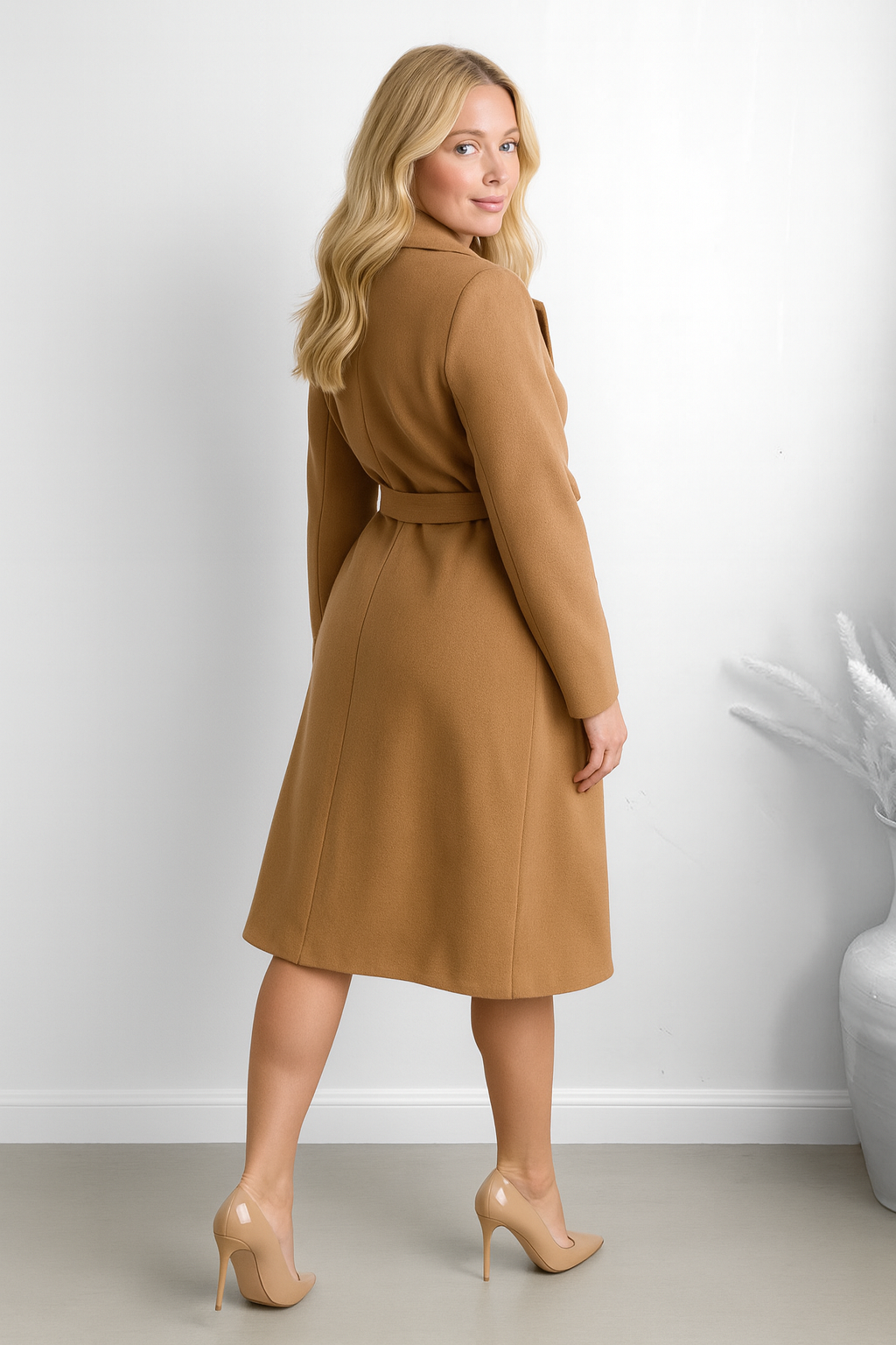 Double Breasted Self Tie Belt Midi Coat