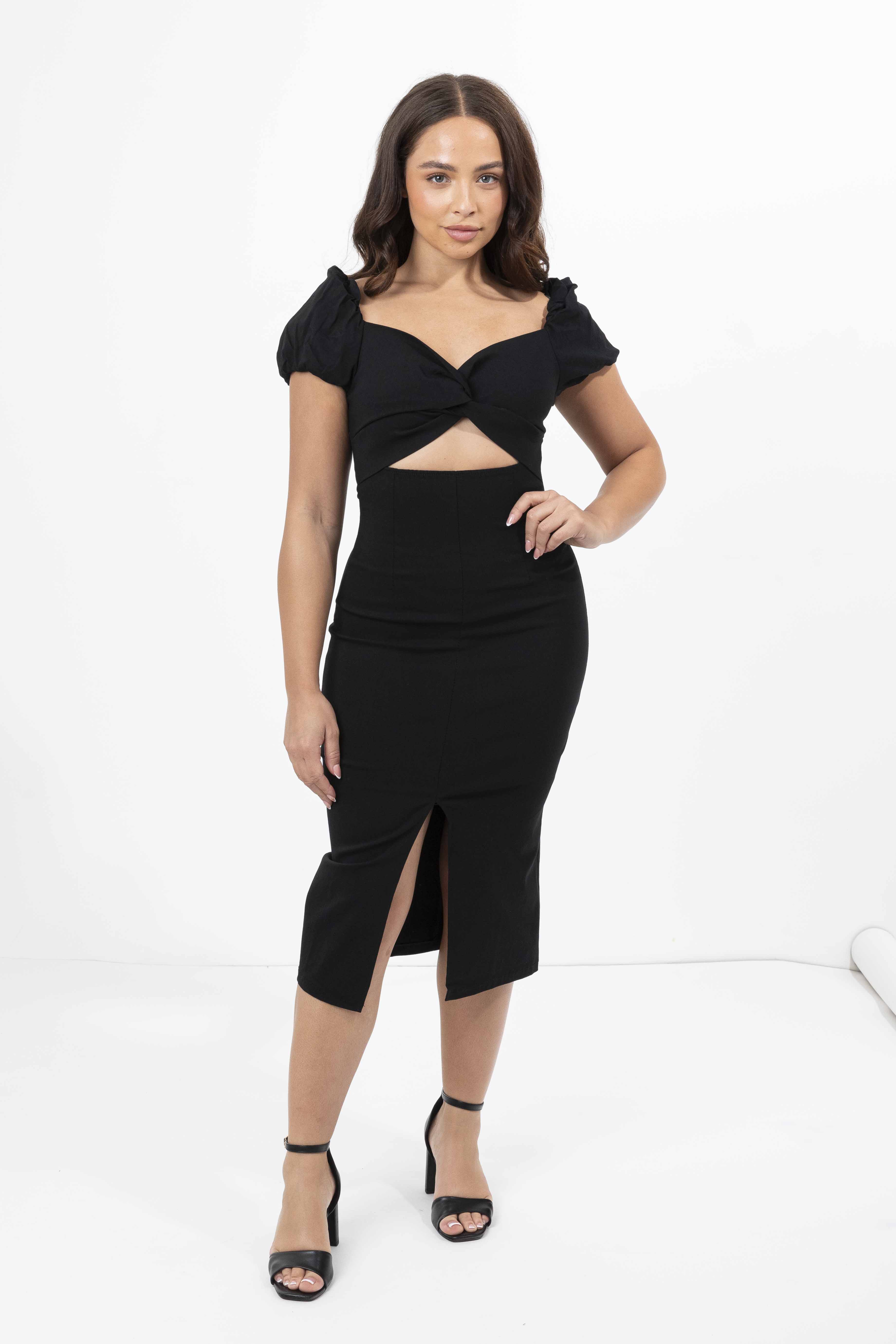 Viscose Blend Puff Off Shoulder Front Slit Peekaboo Dress