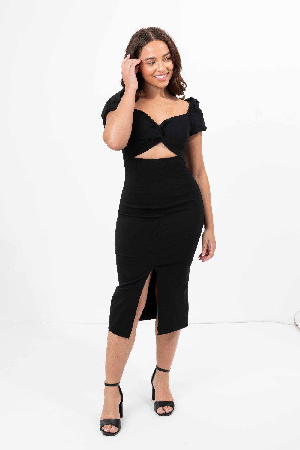 Viscose Blend Puff Off Shoulder Front Slit Peekaboo Dress