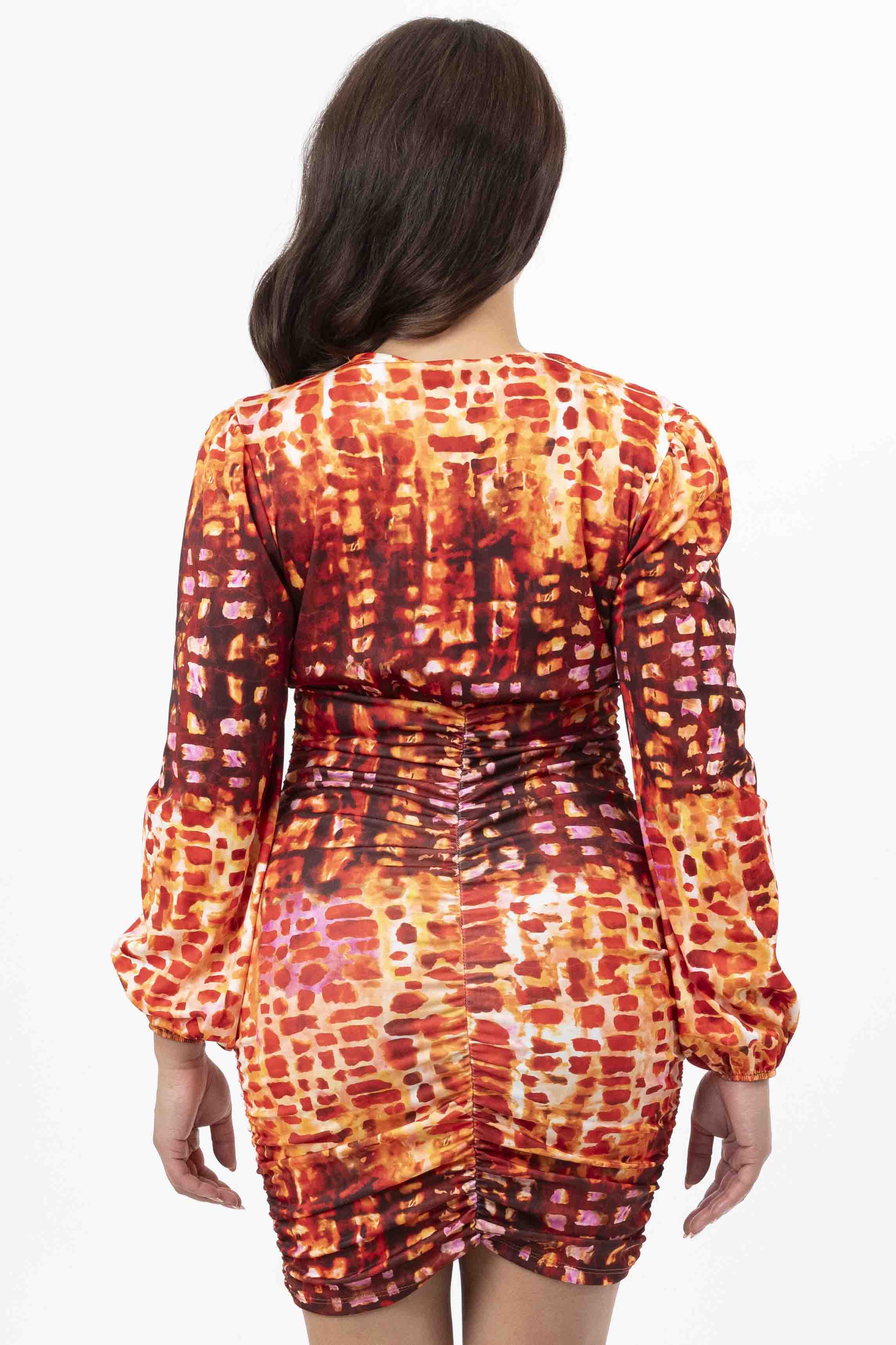 Low Cut Neckline Ruched Printed Short Bodycon Dress