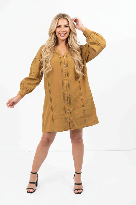 Embroidered Panel Lined Cotton V-Cut Shirt Dress