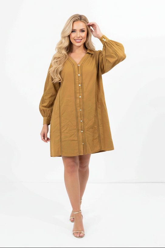 Embroidered Panel Lined Cotton V-Cut Shirt Dress