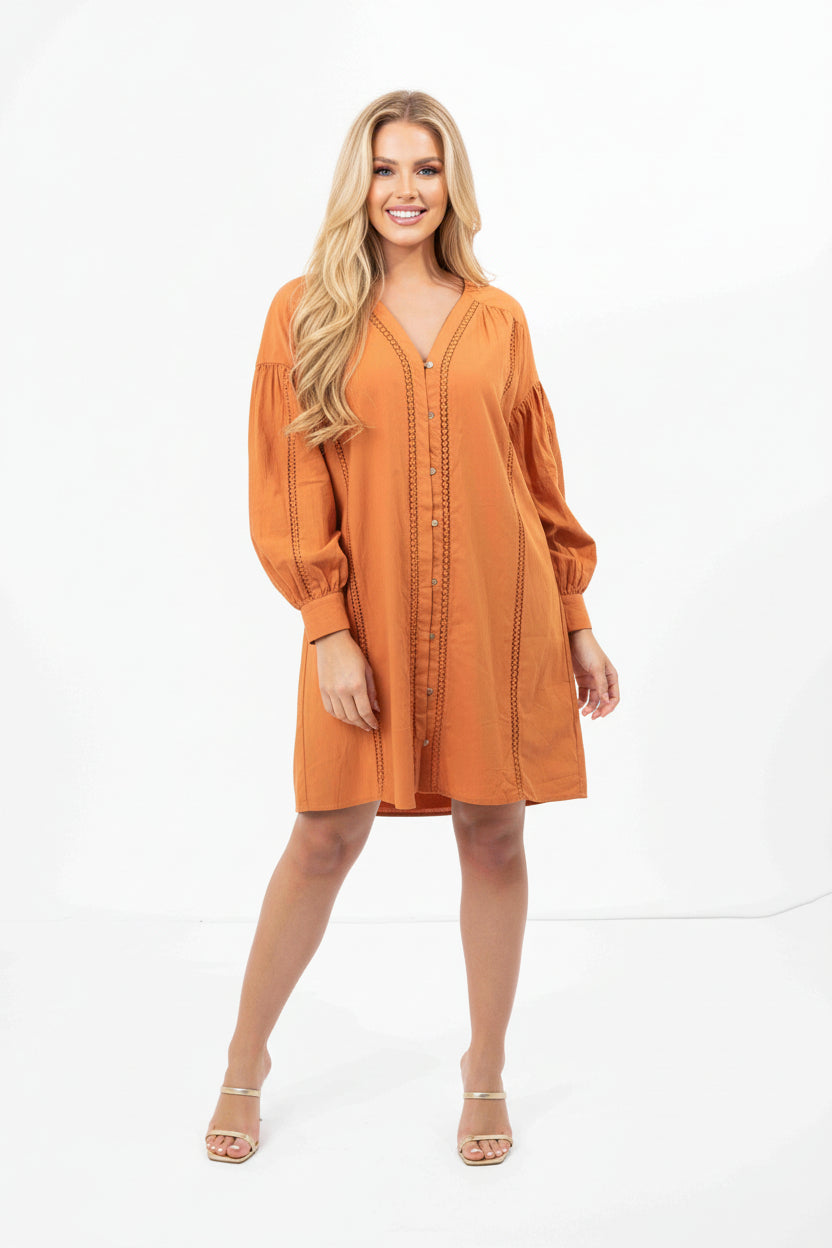 Embroidered Panel Lined Cotton V-Cut Shirt Dress