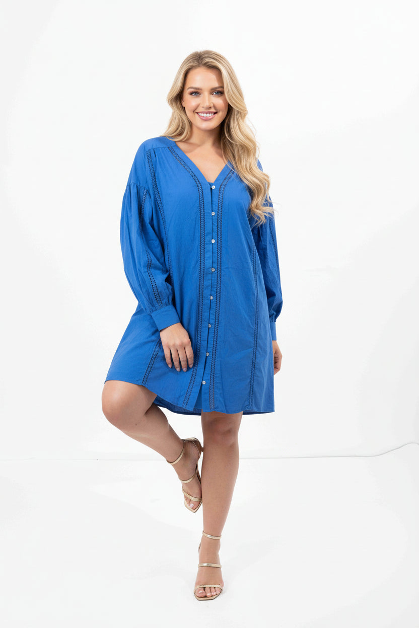 Embroidered Panel Lined Cotton V-Cut Shirt Dress