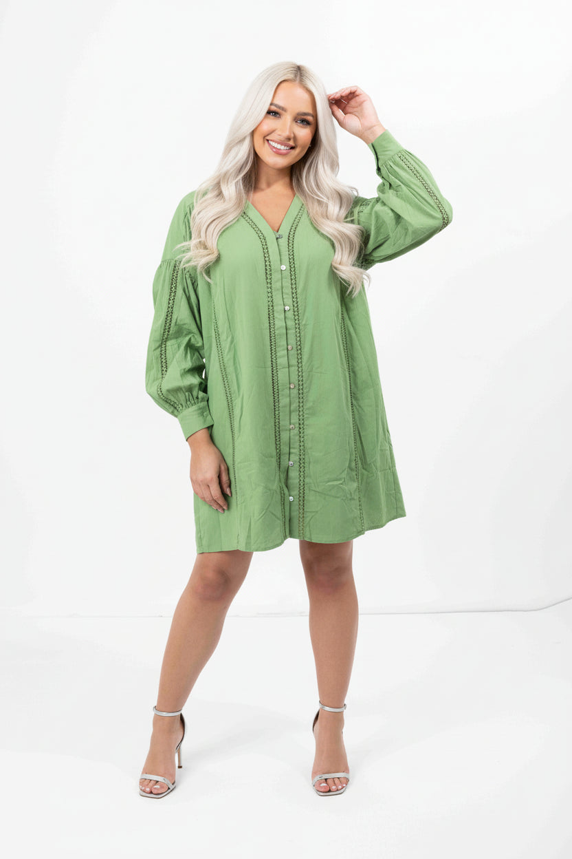 Embroidered Panel Lined Cotton V-Cut Shirt Dress