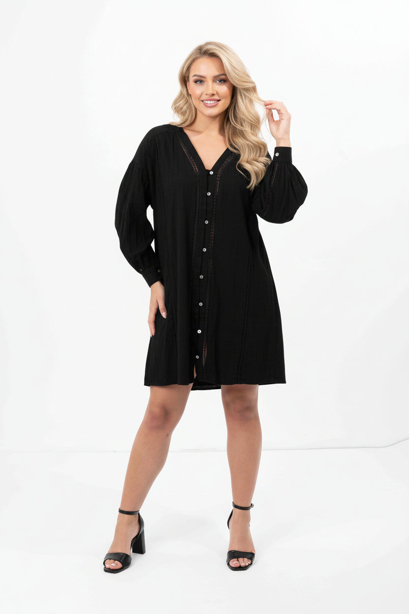 Embroidered Panel Lined Cotton V-Cut Shirt Dress