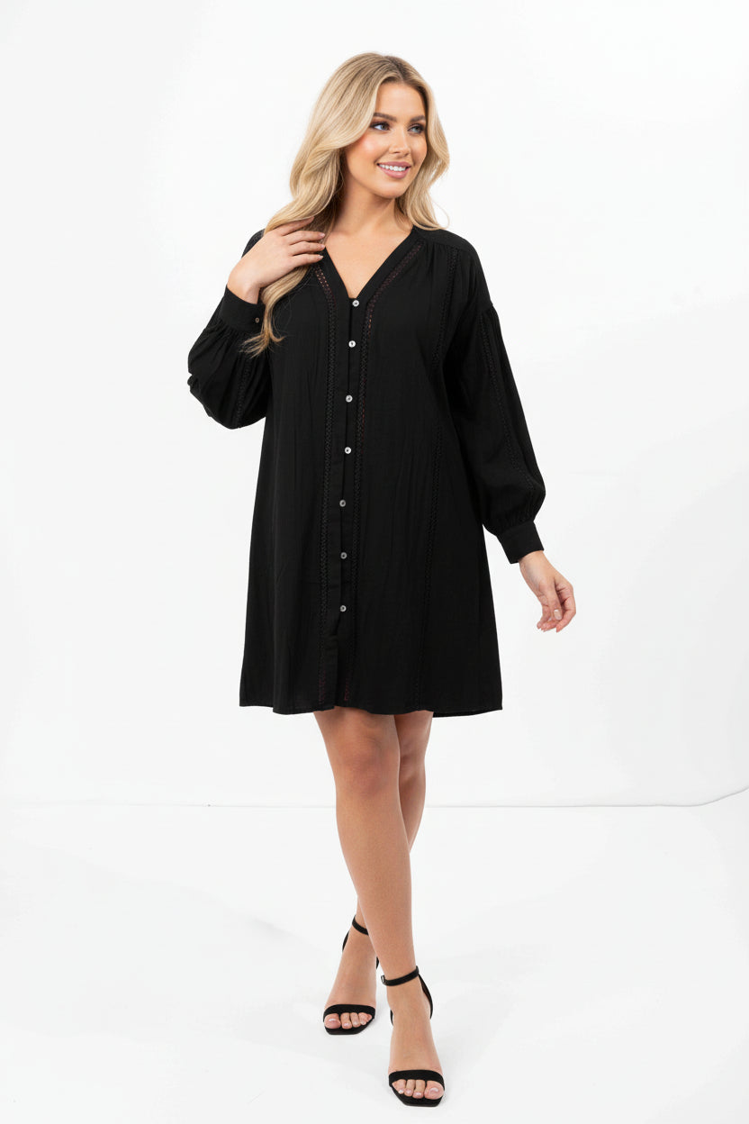 Embroidered Panel Lined Cotton V-Cut Shirt Dress