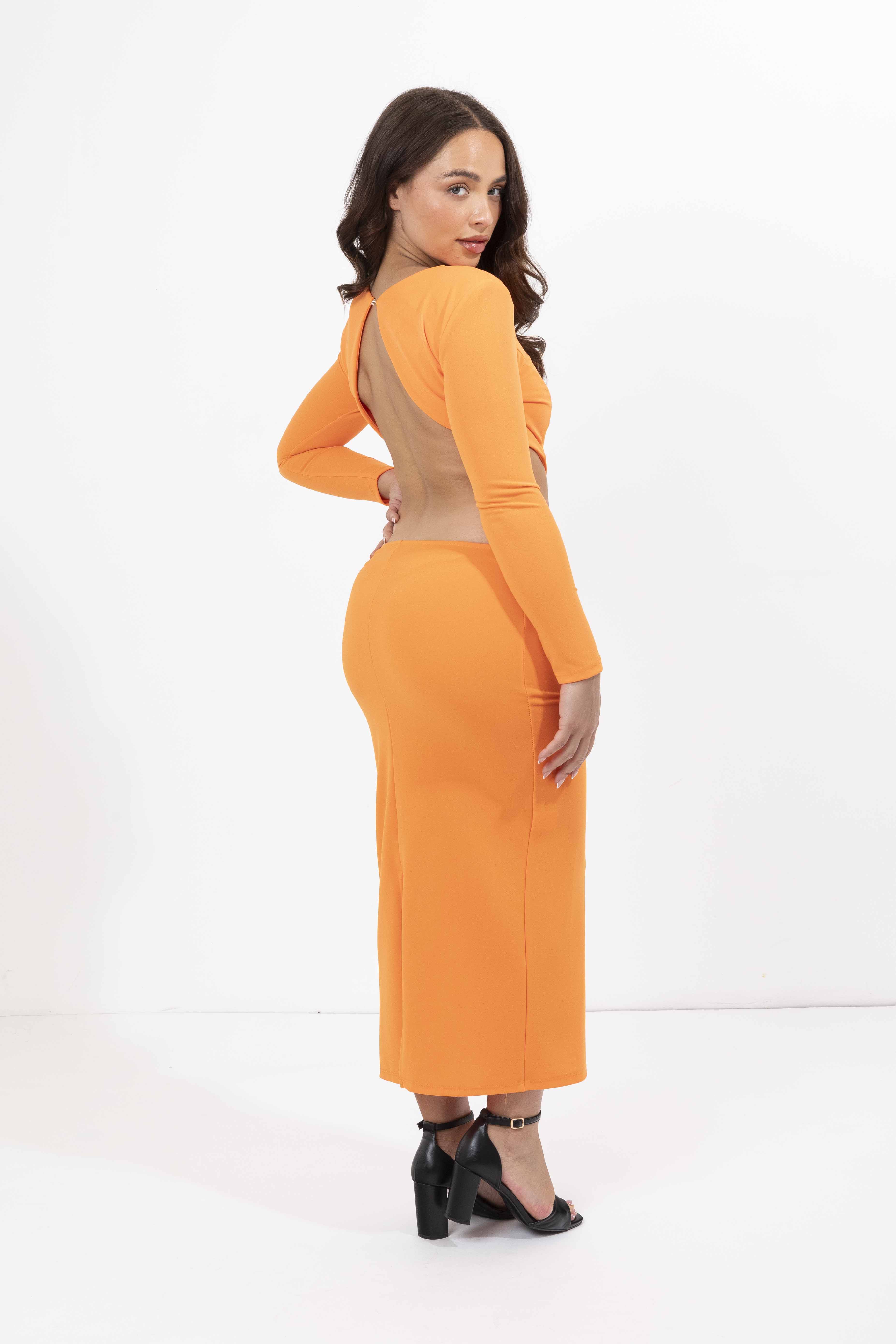Cut Out Back Padded Shoulder Long Sleeve Long Stretchy Dress