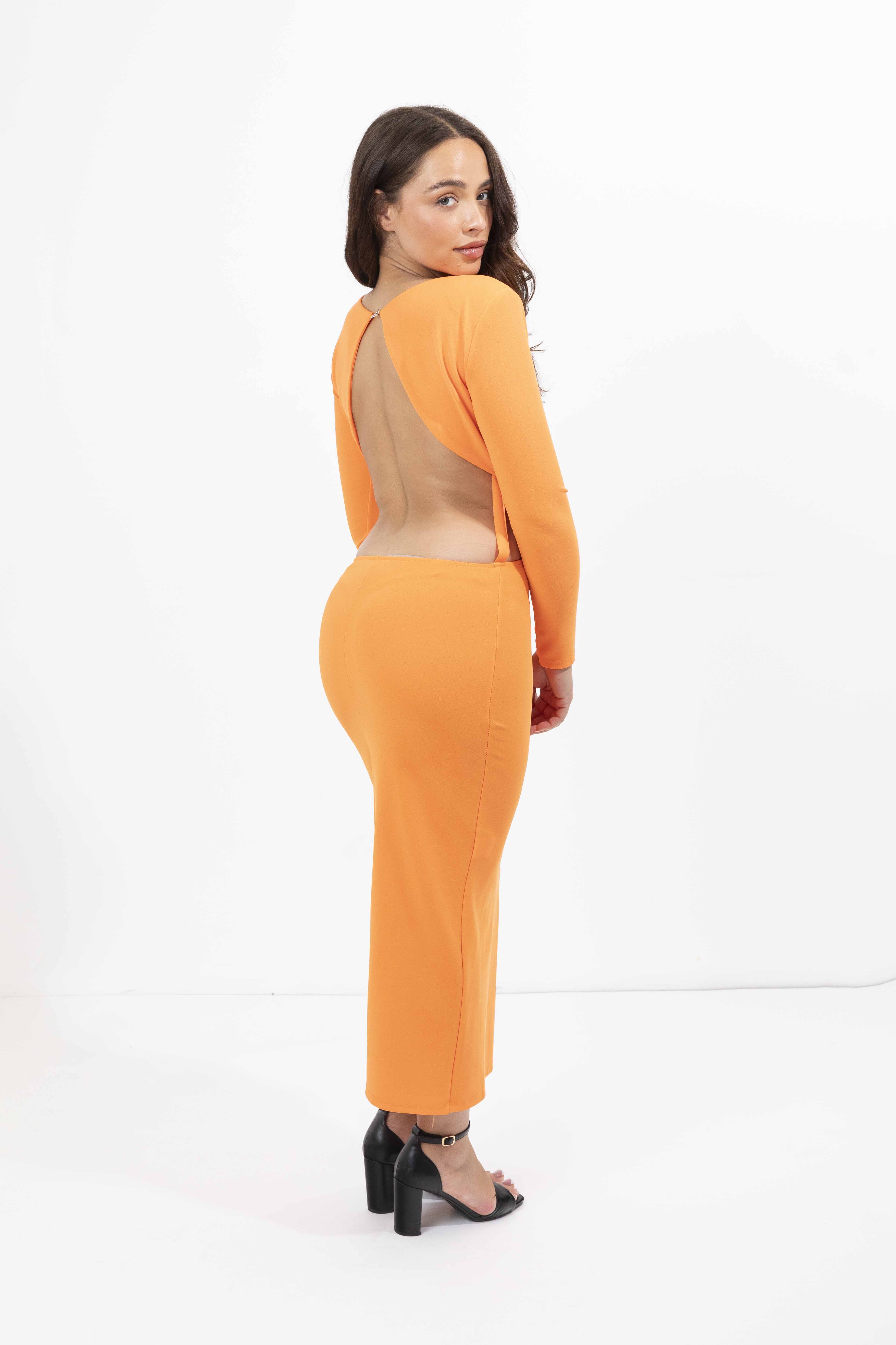 Cut Out Back Padded Shoulder Long Sleeve Long Stretchy Dress