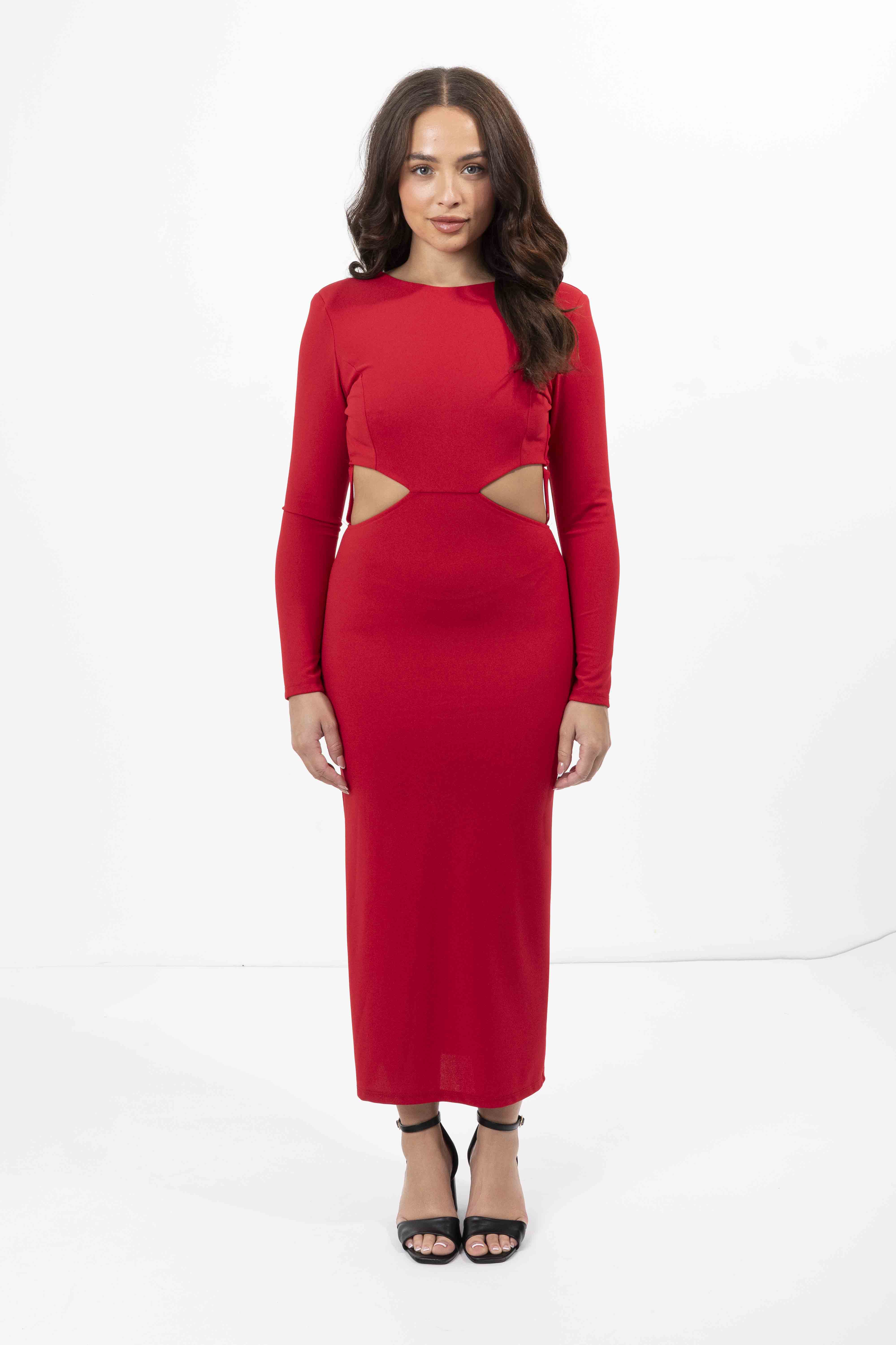 Cut Out Back Padded Shoulder Long Sleeve Long Stretchy Dress