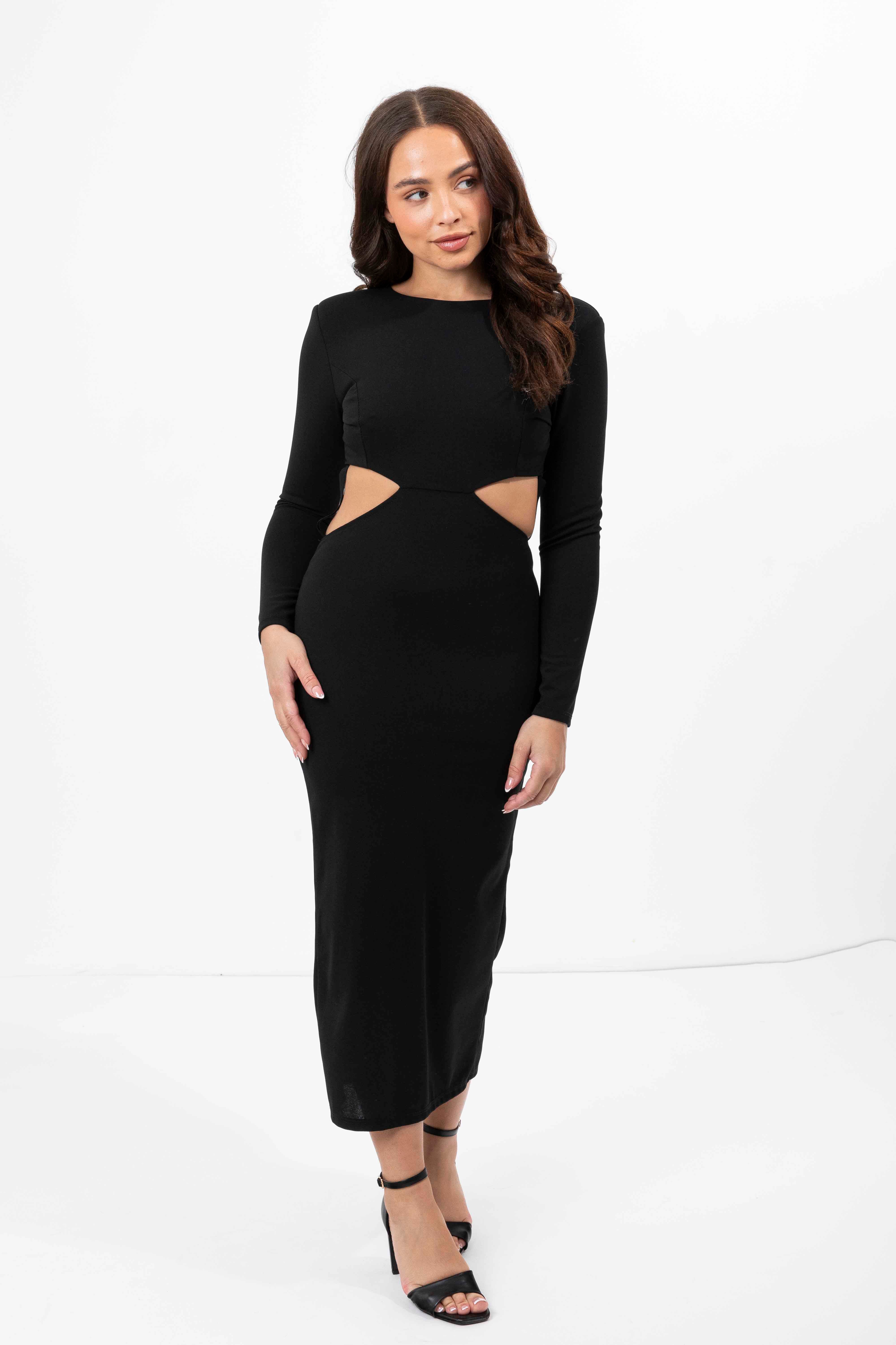 Cut Out Back Padded Shoulder Long Sleeve Long Stretchy Dress