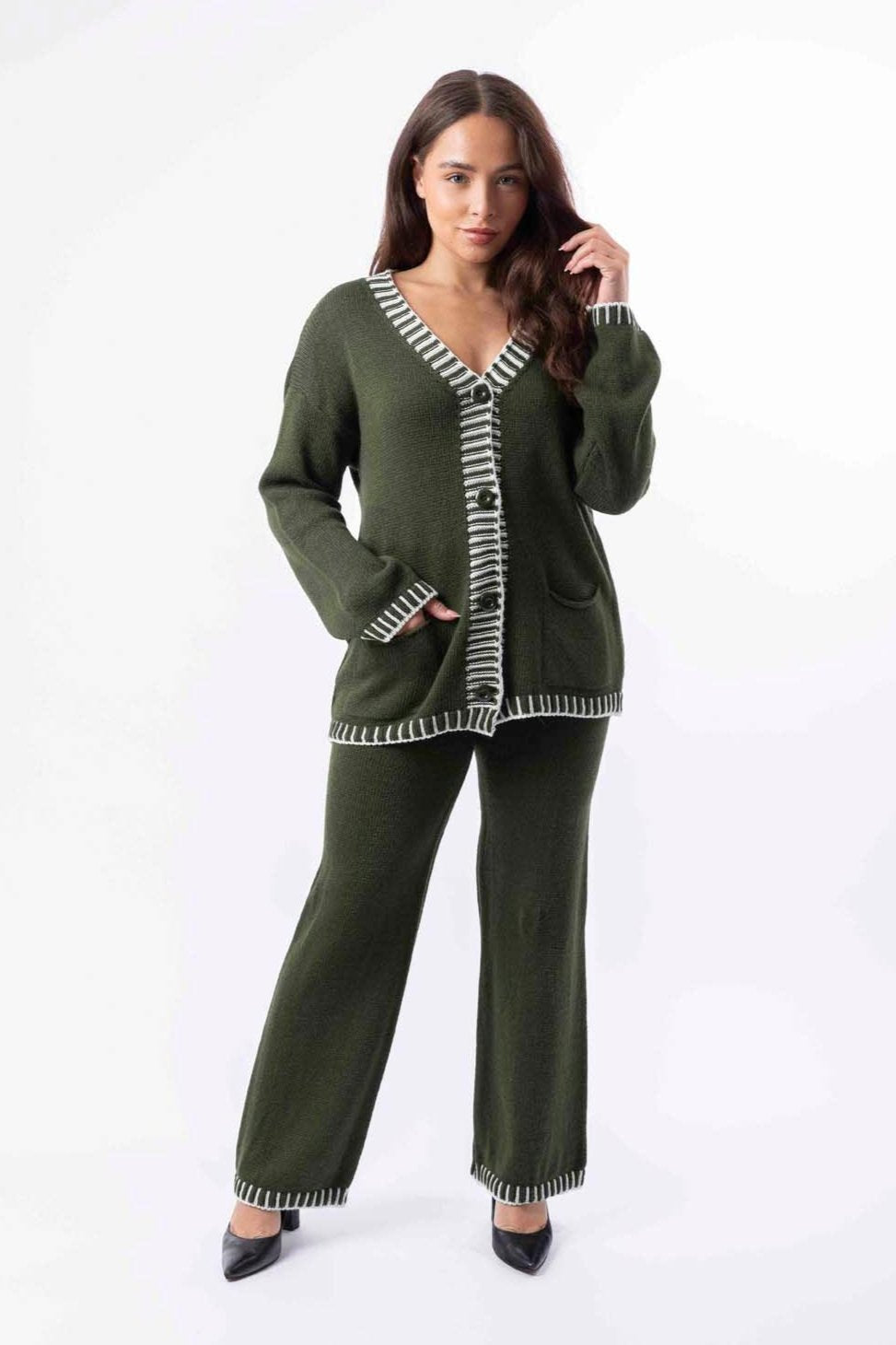 Contrast Stitch Effect Trim Knitted Leisure Set