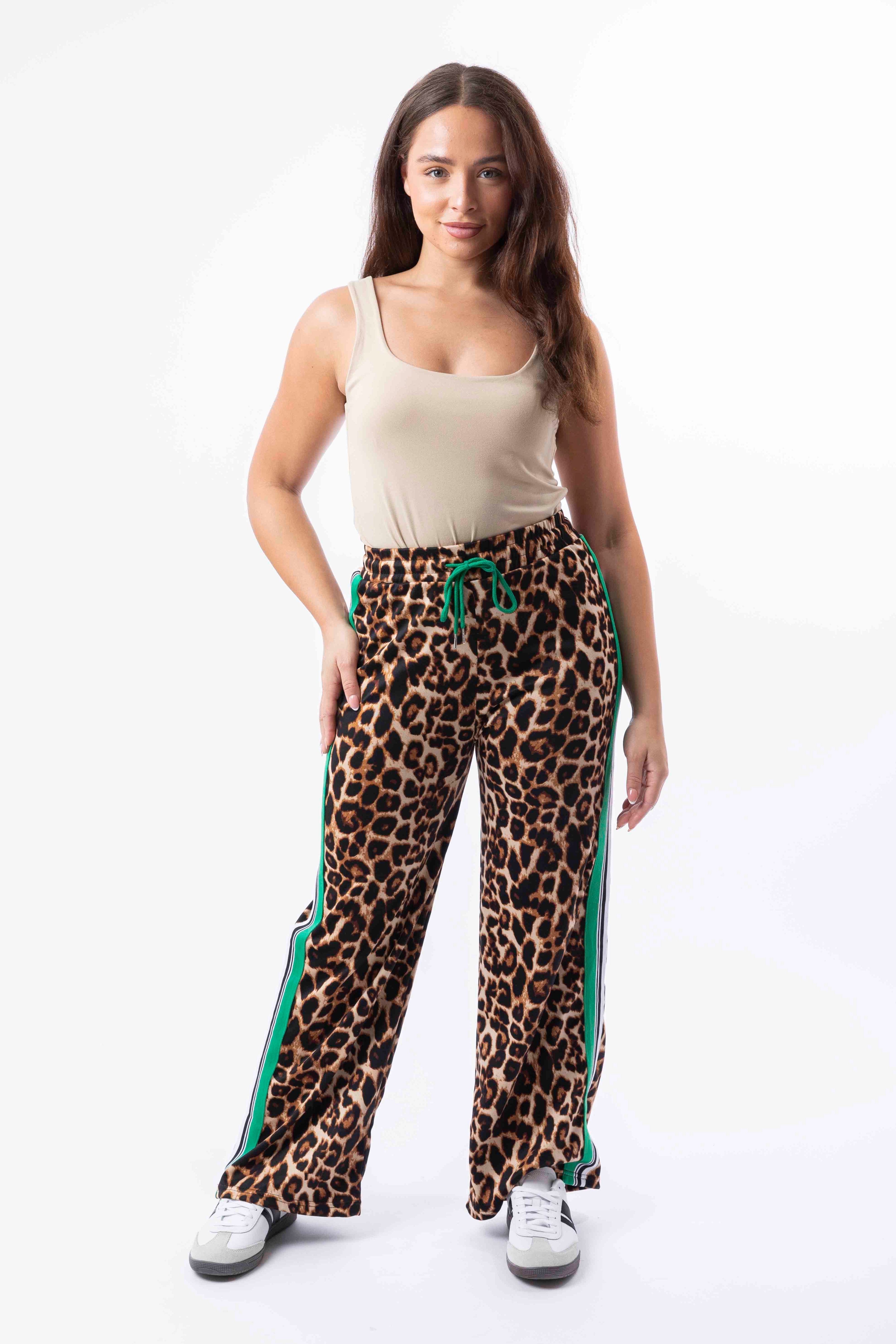 Contrast Panel Drawstring Wide Leg Leopard Print Joggers