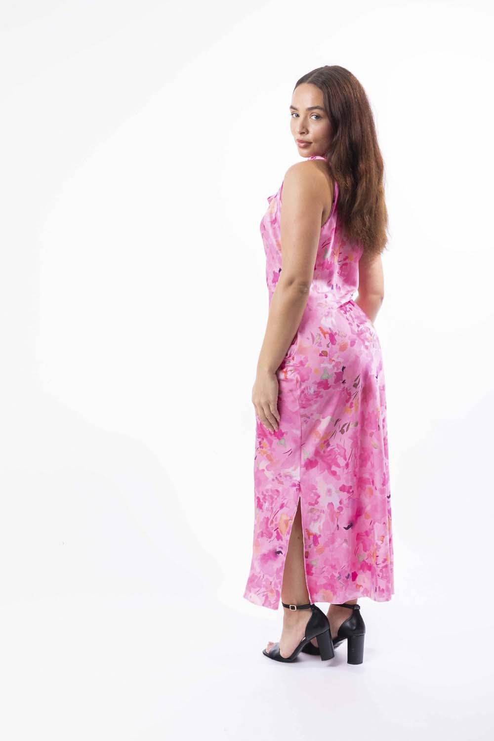 Wholesale Women's Watercolour Print Side Slit Satin Long Dress (PACK OF 6)
