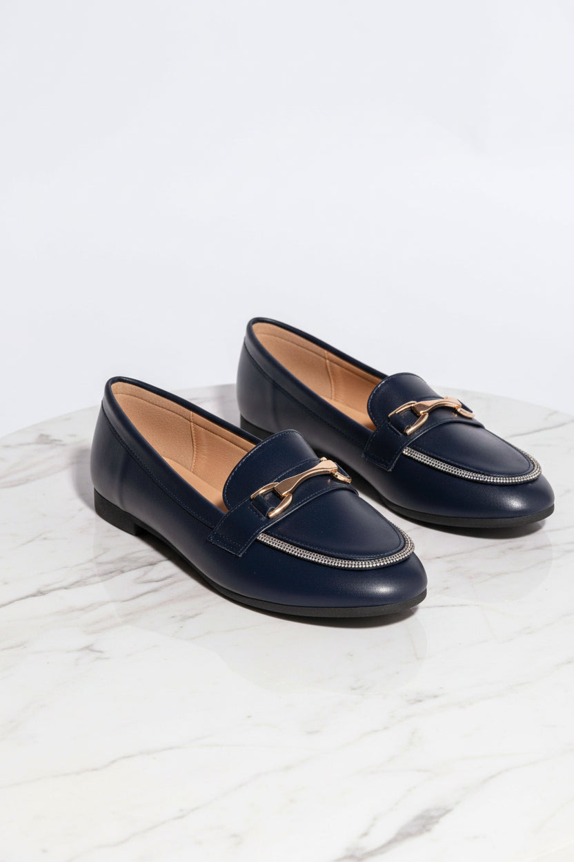 Vegan Leather Encrusted Trim Classic Flat Shoes