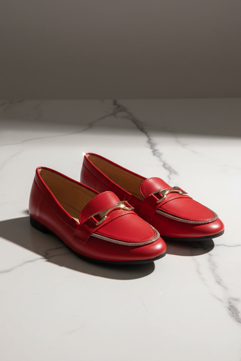Vegan Leather Encrusted Trim Classic Flat Shoes
