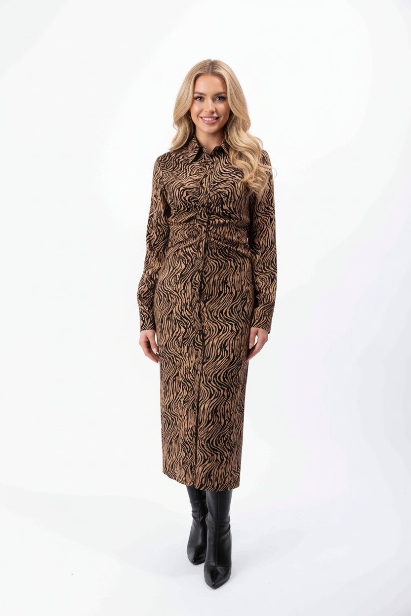 Printed Ruched Button Down Elegant Shirt Dress