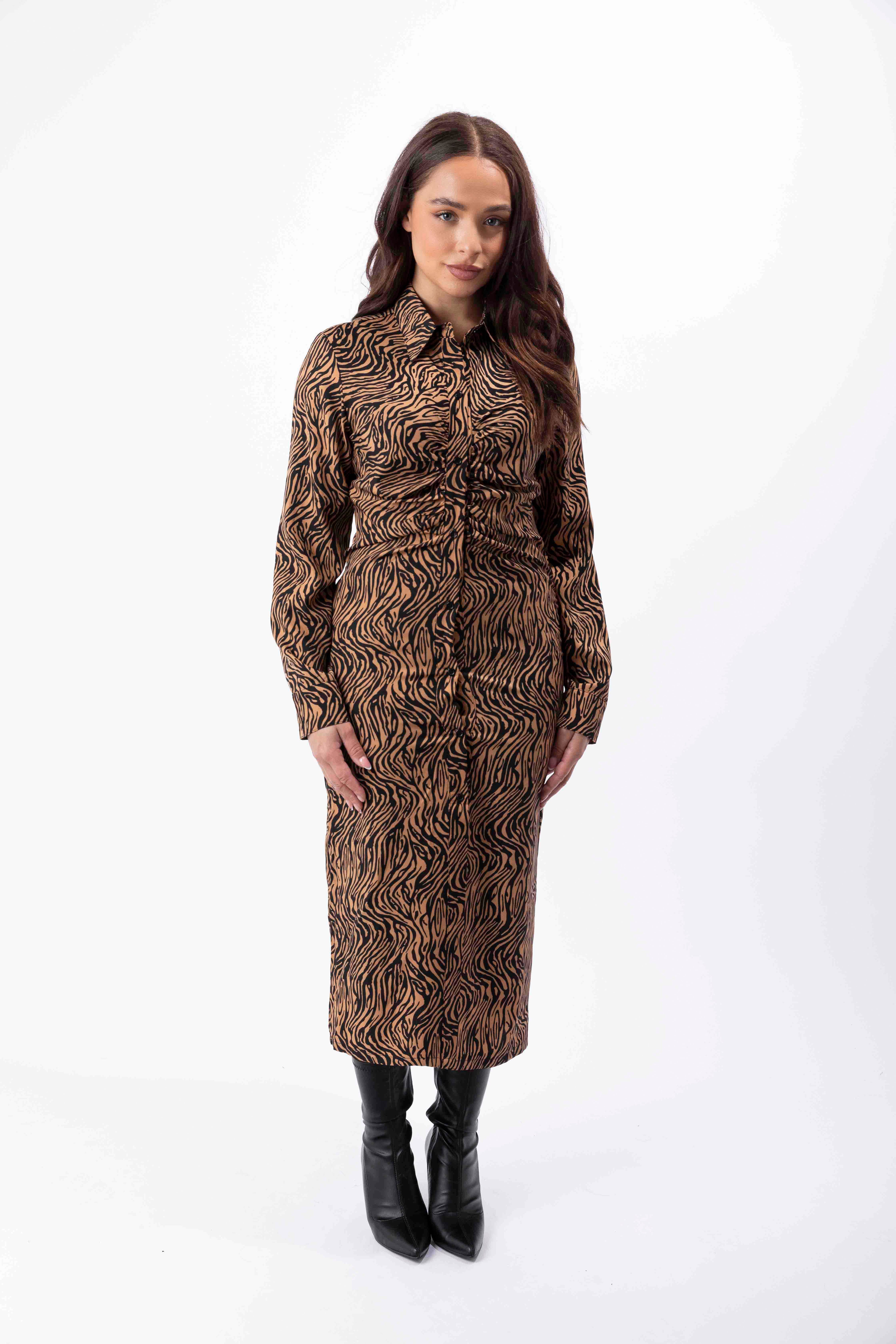 Wholesale Women's Printed Ruched Button Down Elegant Shirt Dress ((PACK OF 6)