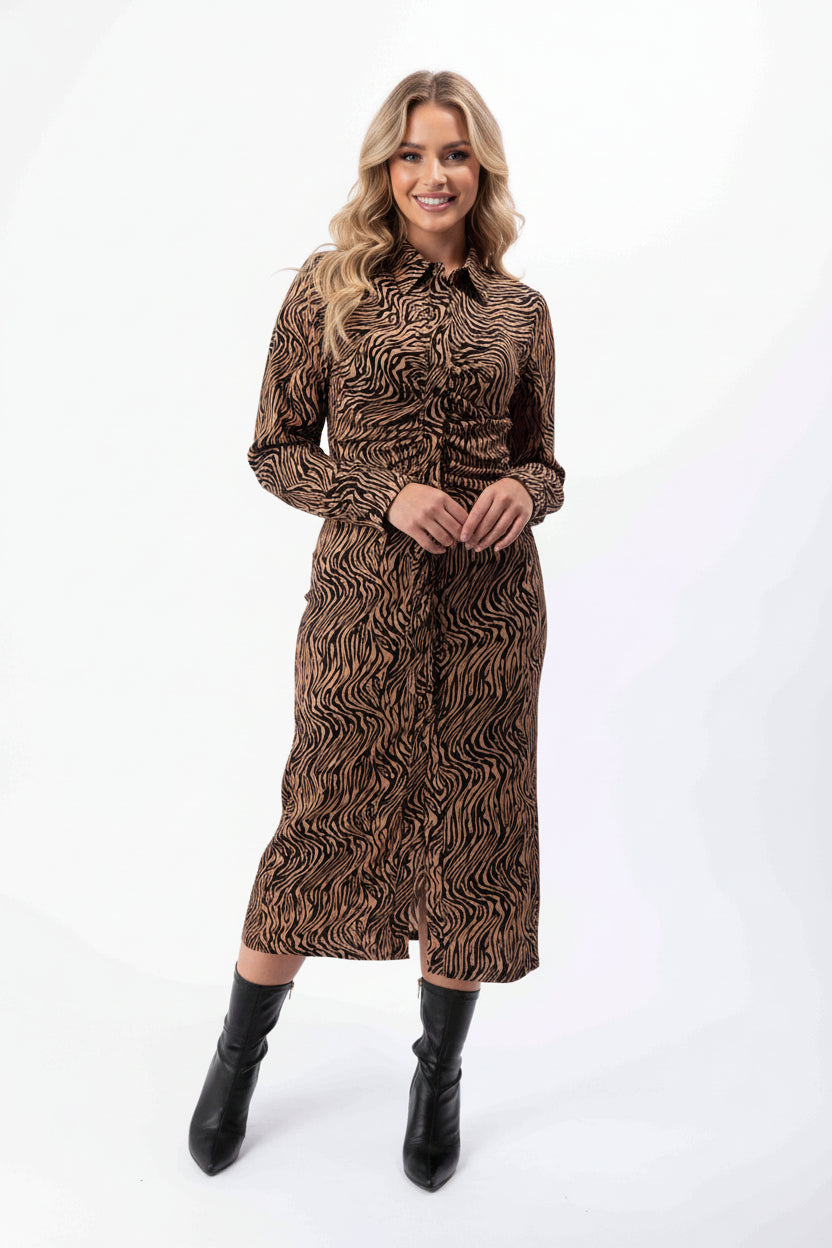 Printed Ruched Button Down Elegant Shirt Dress