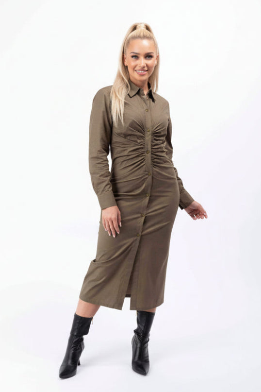 Plain Ruched Button Down Elegant Shirt Dress