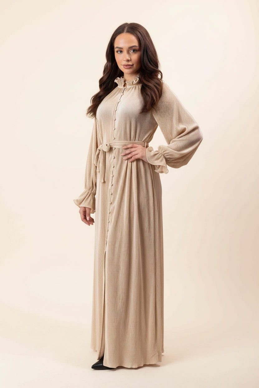 Satin Plisse Button Down Elegant Extra Long Tie Up Maxi Dress