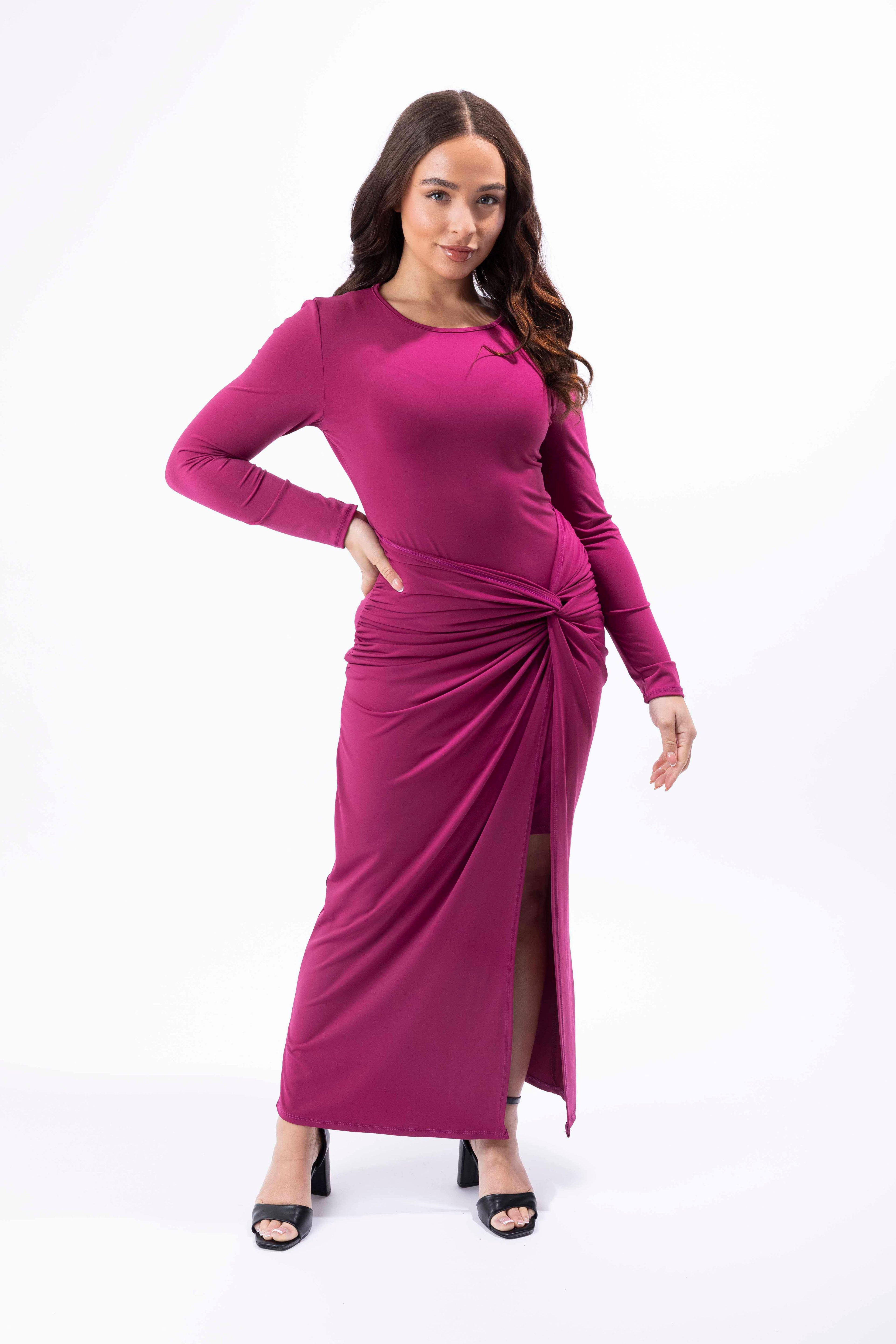 Wholesale Women's Stretchy Long Sleeve Twisted Front Long Side Slit Dress (PACK OF 6)