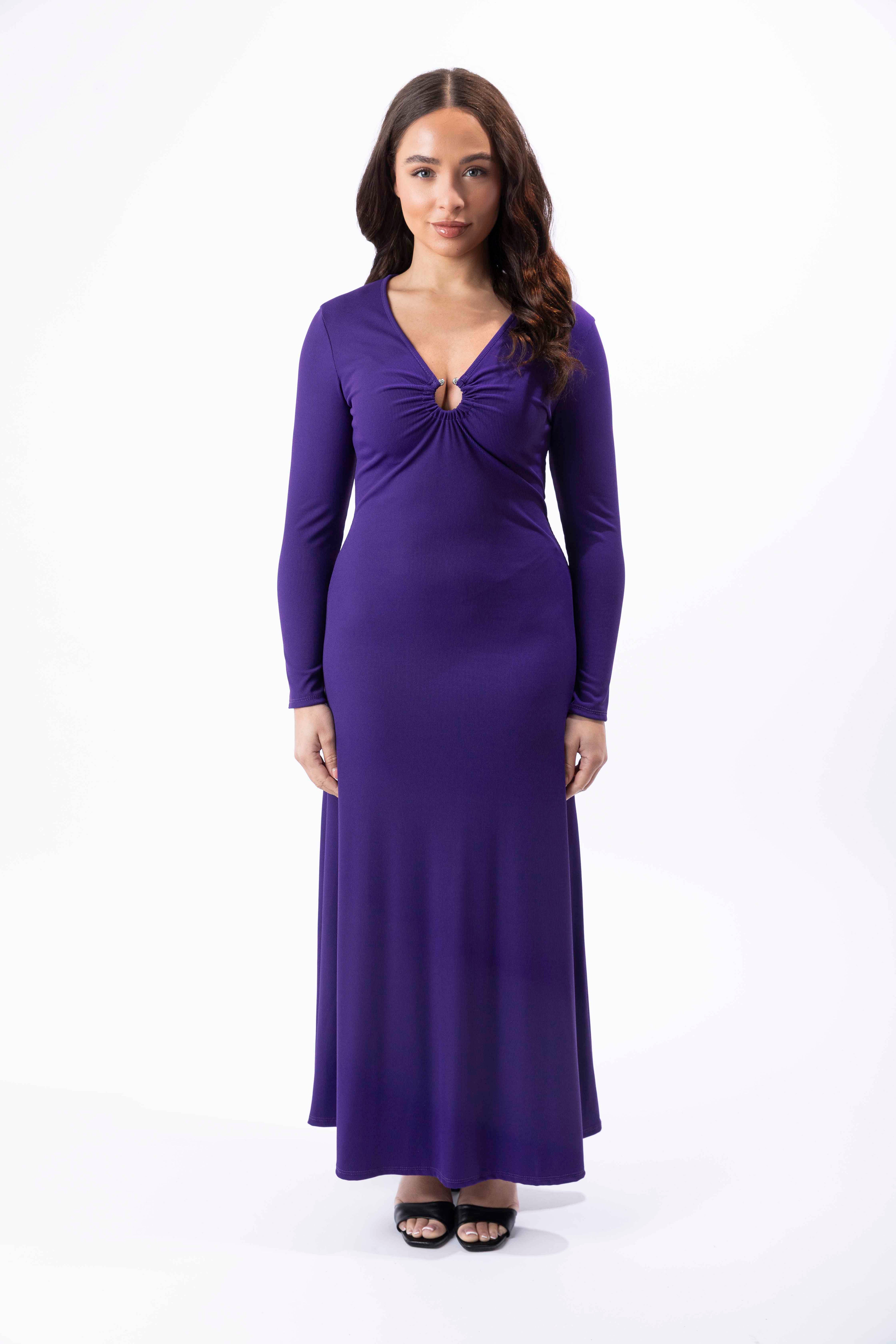 Plunge Peekaboo Neck Ribbed A-Line Maxi Dress-SinglePrice