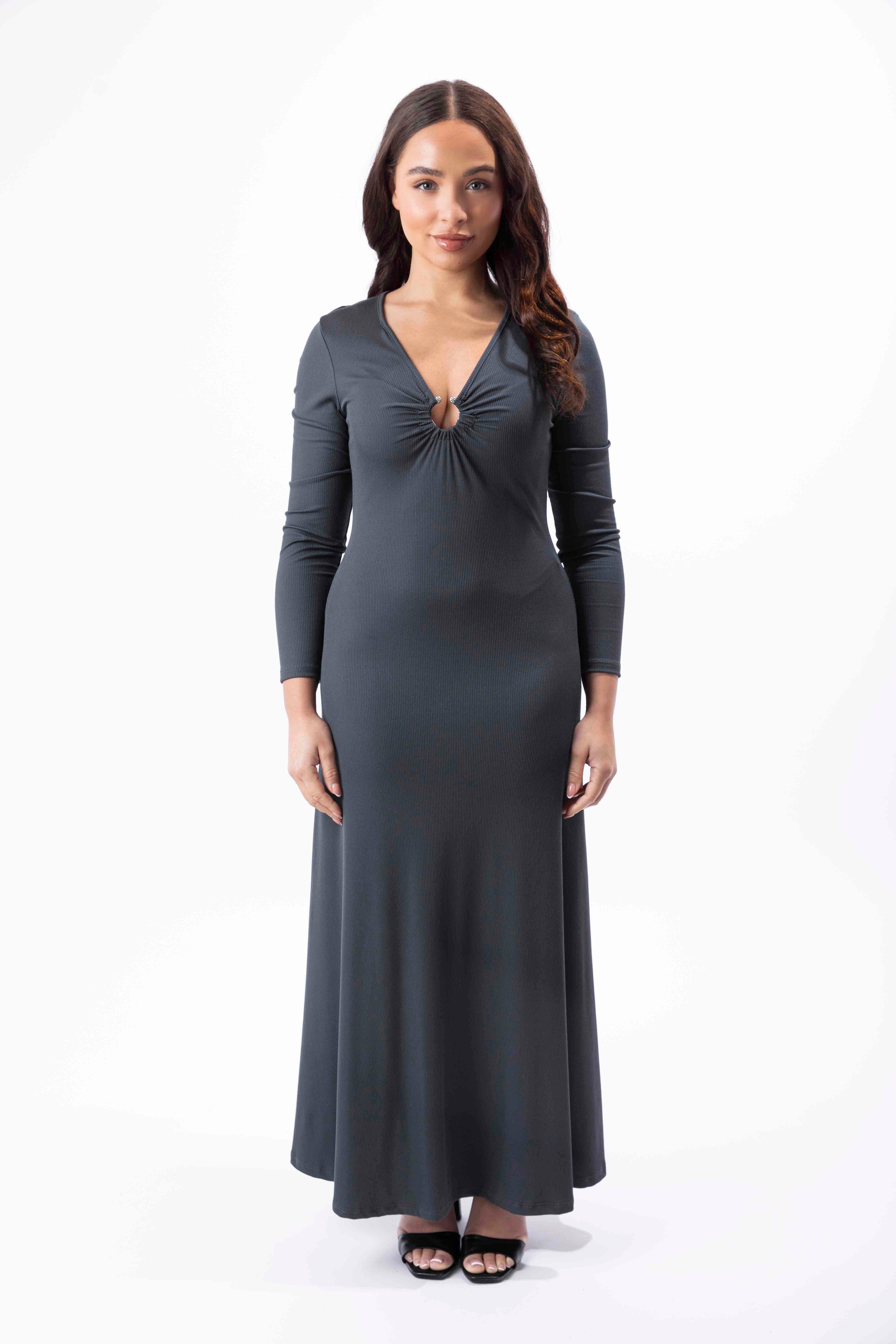 Plunge Peekaboo Neck Ribbed A-Line Maxi Dress-SinglePrice
